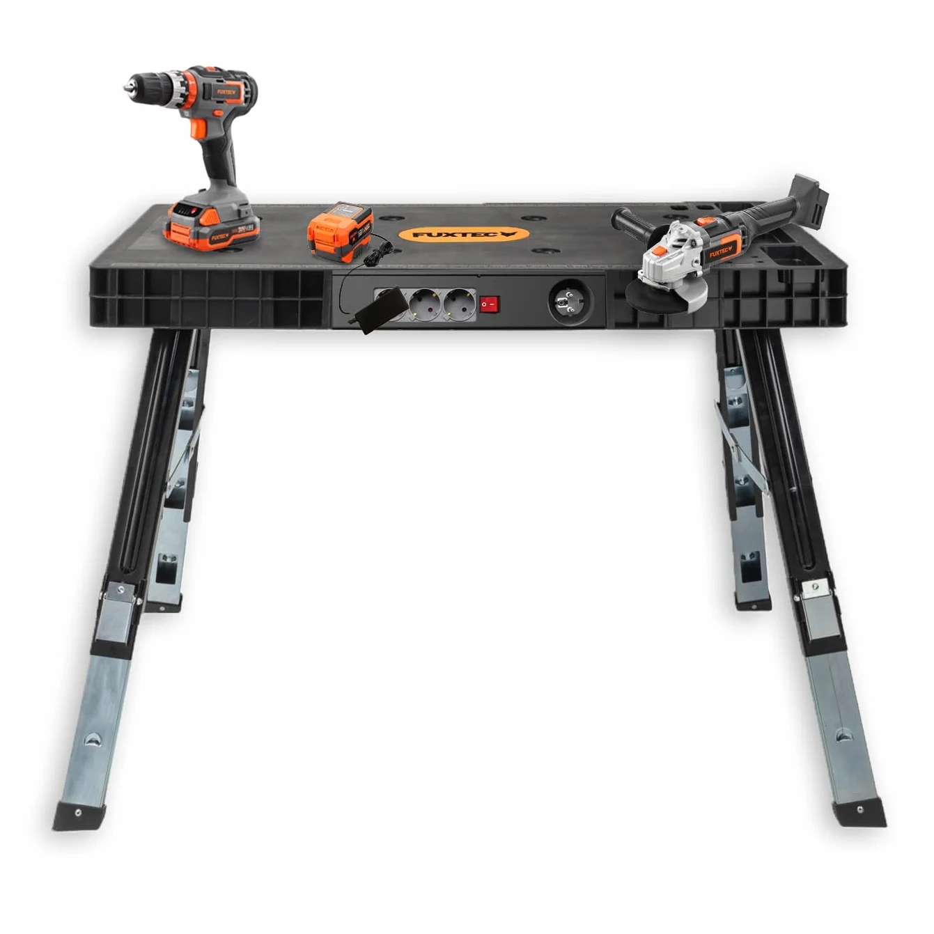 FUXTEC klappbare 5in1 Universal-Werkbank FX-WB – Werkbank/Arbeitstisch bis 150kg – höhenverstellbar bis 129x59x75cm – Transportroller mit Schubfächern – Werkstattbrett/Rollbrett