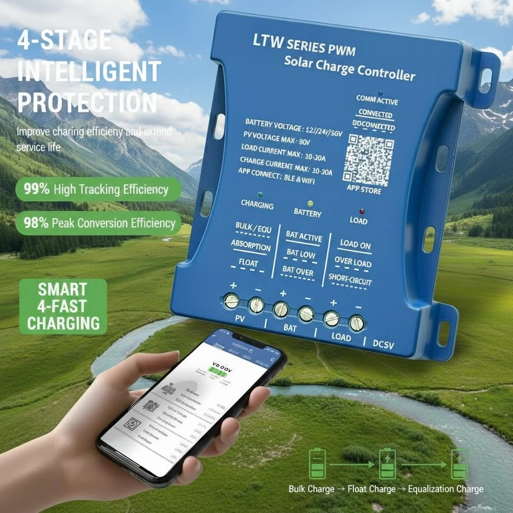 20A Regolatore solare con WiFi e Bluetooth, PWM 12V/24V/36V Auto, ingresso PV 80V, impostazioni APP per batterie PbAcido/LiFePO4/Litio, ideale per camper/casa/strutture offshore