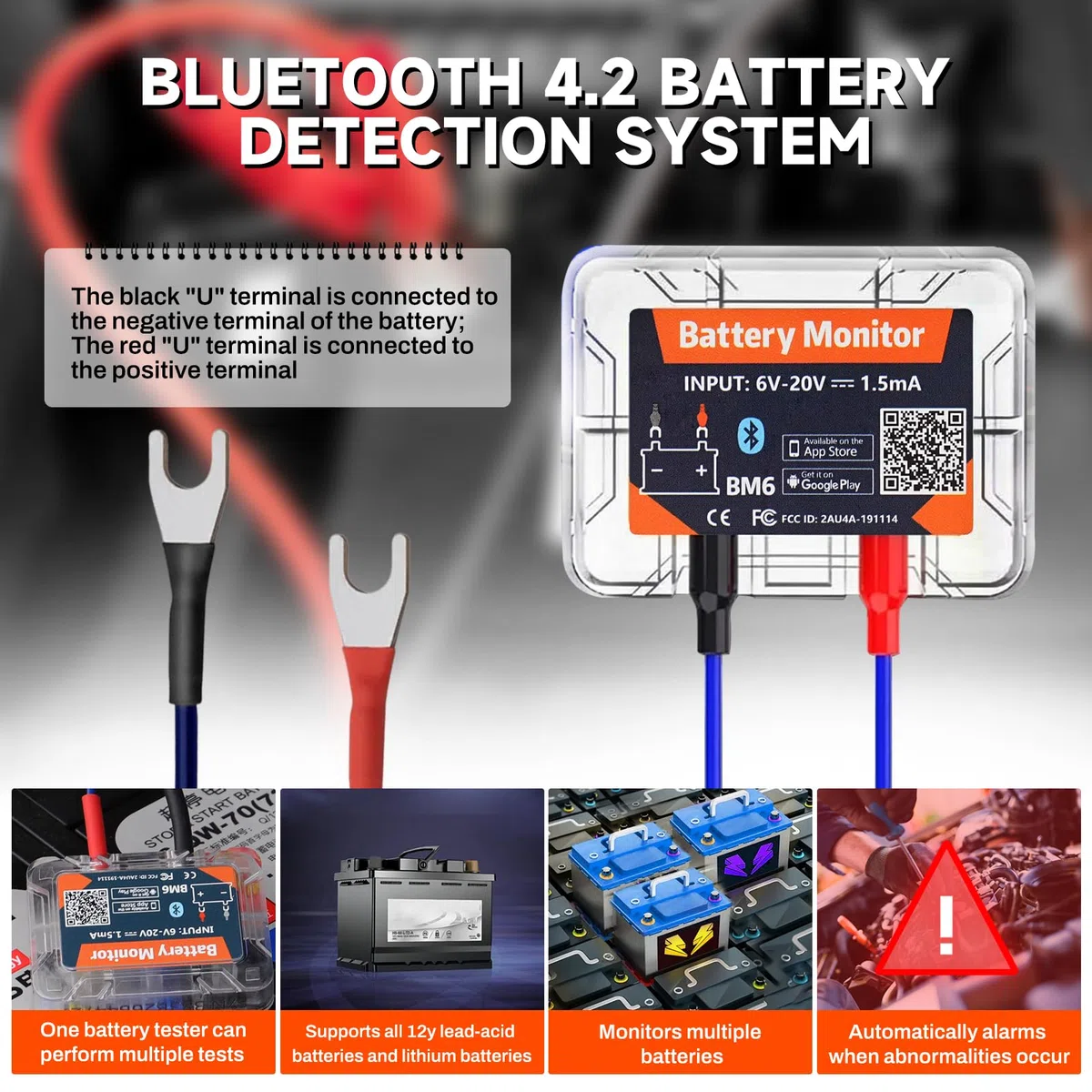 Batteriewächter 12v Bluetooth 4.2 Battery guard DC 6V-20V Batterie monitor Überwachung Batteriestatus in Echtzeit mit Kurzschluss und Verpolungsschutz Abnormale Warnung.