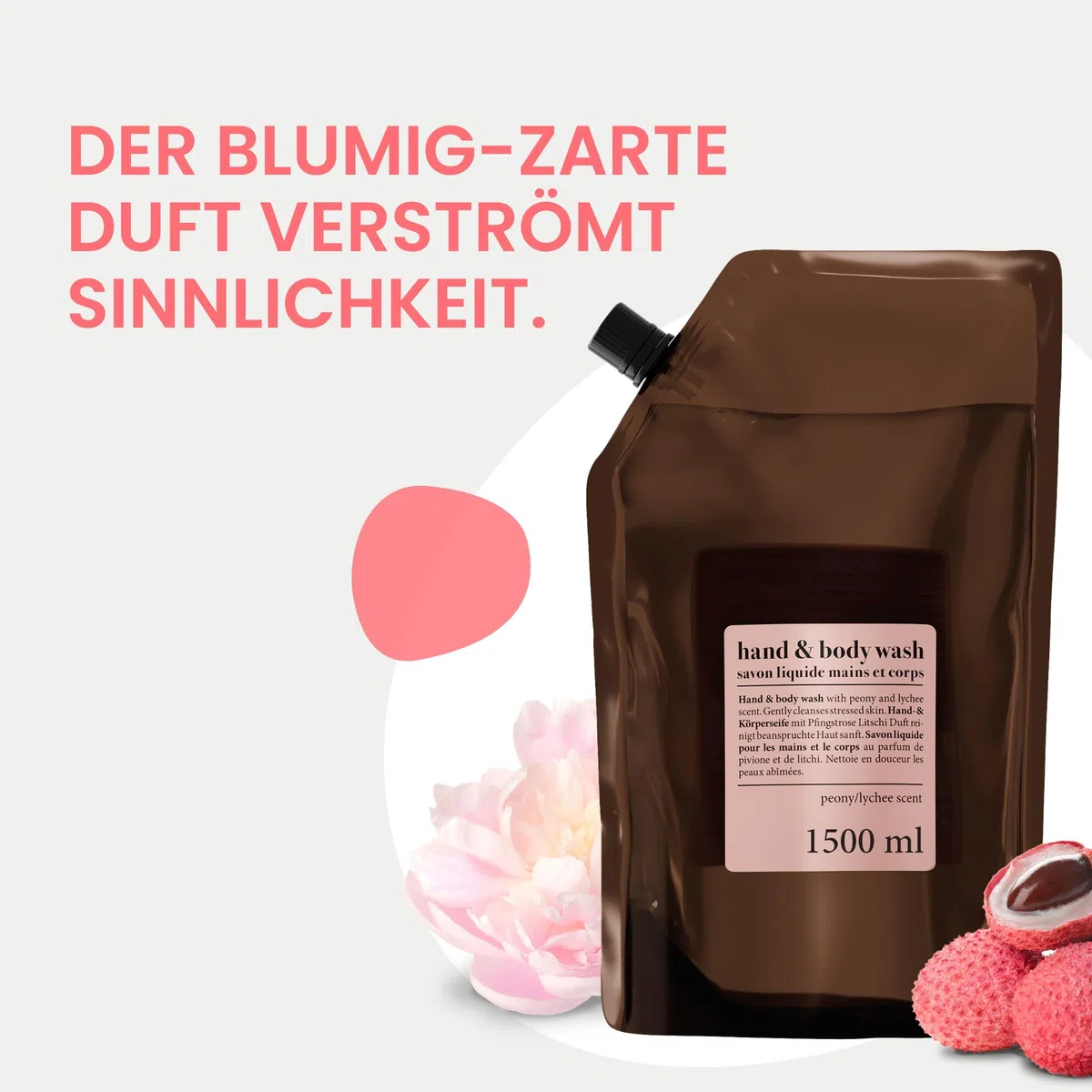 Jean & Len Hand & Body Wash Pfingstrose & Litschi, reinigt und pflegt die Haut beim Waschen, blumig-zarter Duft, Flüssigseife im Nachfüllpack, ohne Parabene & Silikone, vegan, 1,5L
