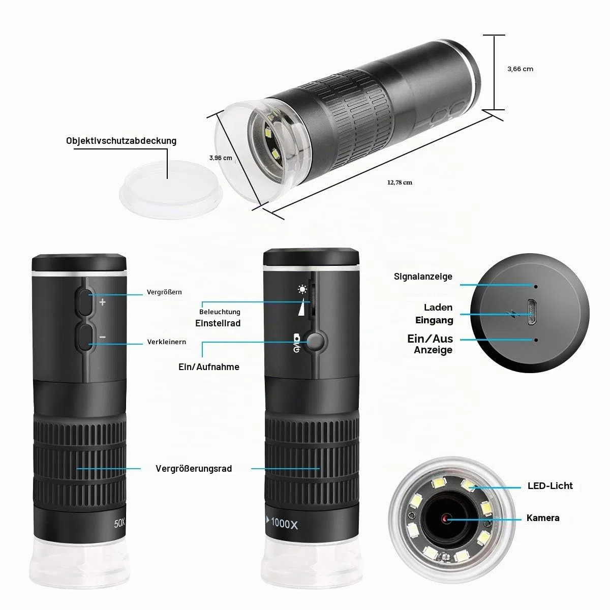 WiFi Digital Mikroskop für iPhone Android Phone Mac Windows HD 1080P Videoaufzeichnung 50x-1000x fache Vergrößerung Drahtloses tragbares Mikroskop mit Metallständer und Tragetasche
