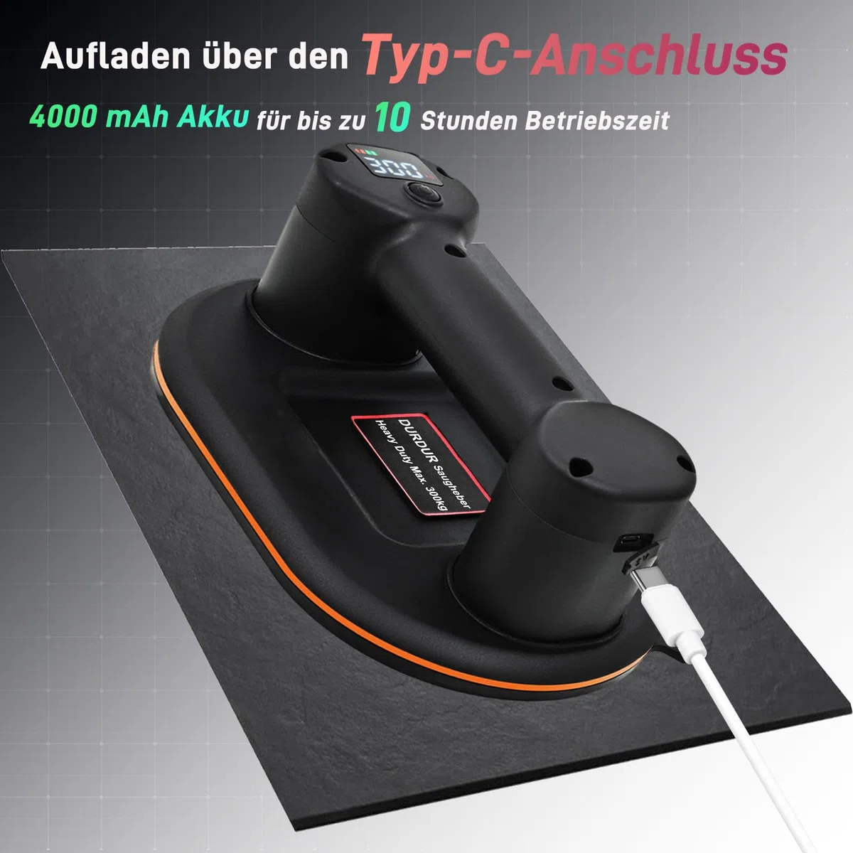 DURDUR 300KG Akku Vakuum Saugheber,9.4 Zoll Akku Saugheber für Fliesen,Glas, Marmor Elektrischer Saugheber Fliesenheber Mit Auto-Nachsauge-Funktion[2 Motoren 2 * 2000 mAh Akku]