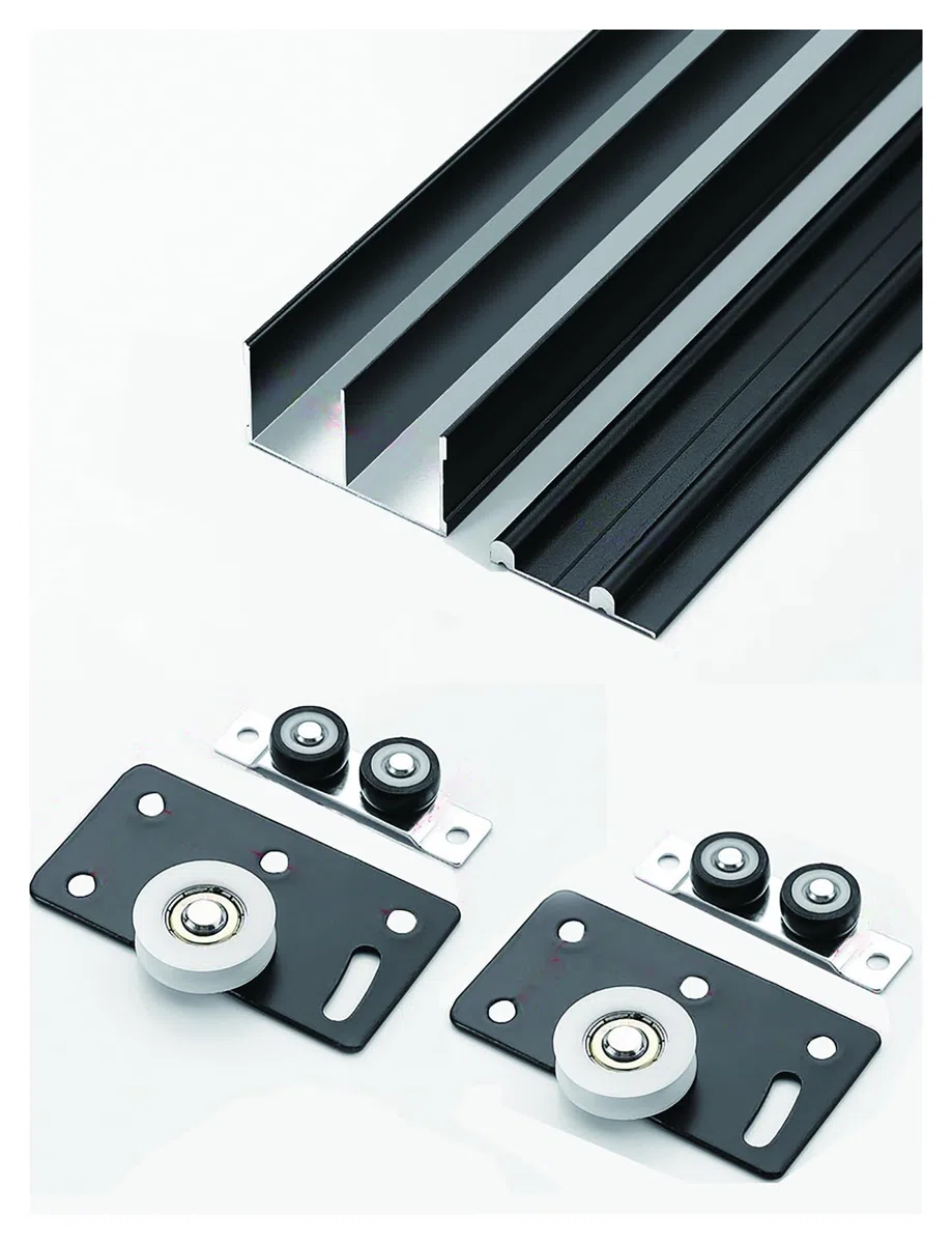 Hardware-Kit for Schiebetürschienen for Kleiderschränke, 2-Schienen-Aluminiumschienen mit Riemenscheibenprogramm, Reparatur der Glasschiebetürschiene, Führung for Terrassenglas-Fliegengitter(Black,150