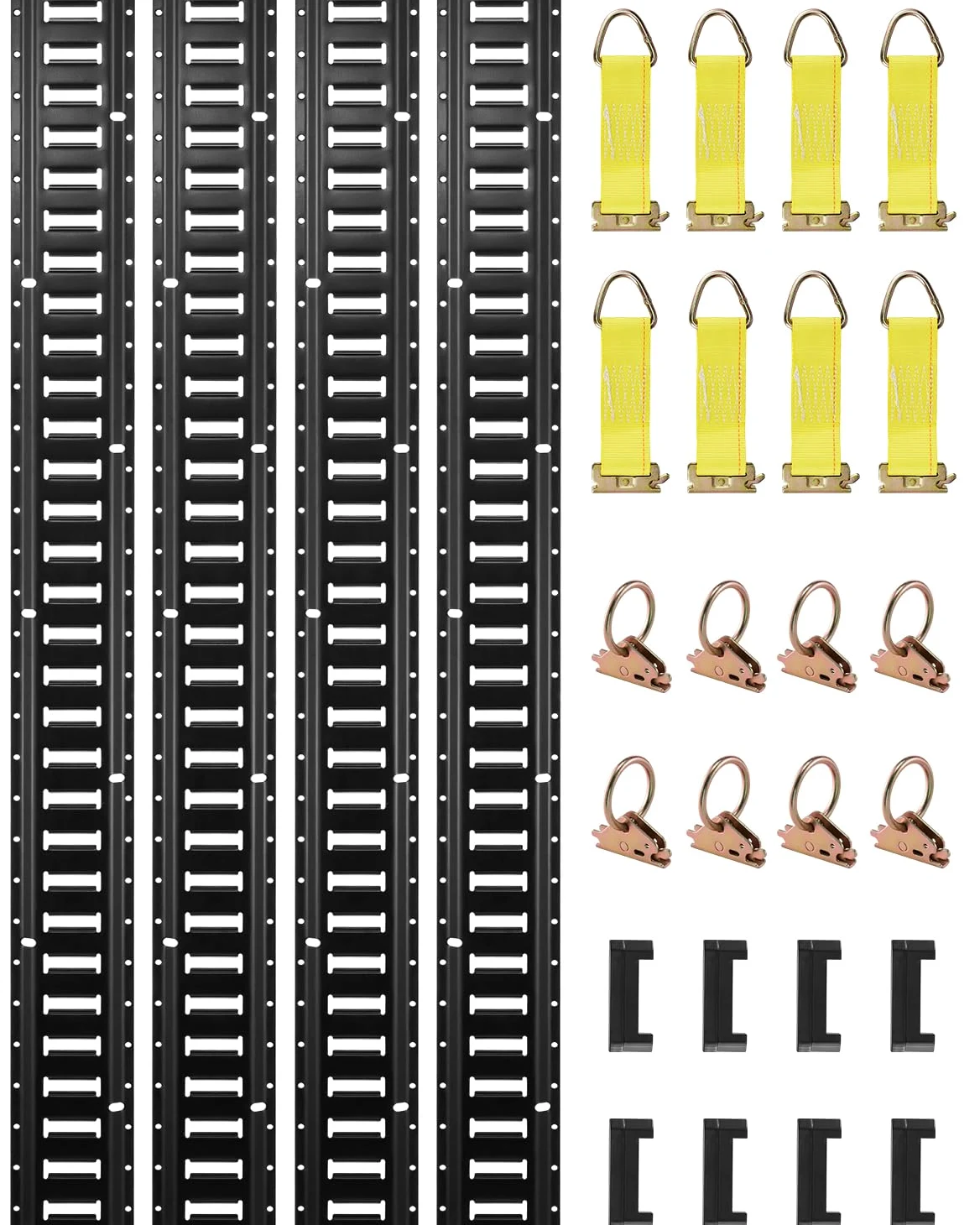 VEVOR E-Track Spannschienen-Set, 30-teilig, 1,5 m, E-Schienen-Set, enthält 4 Stahlschienen und 2 einzelne Schlitze, 8 O-Ringe und 8 Spanngurte mit D-Ring und 8 Endkappen, Sicherungszubehör für Ladung