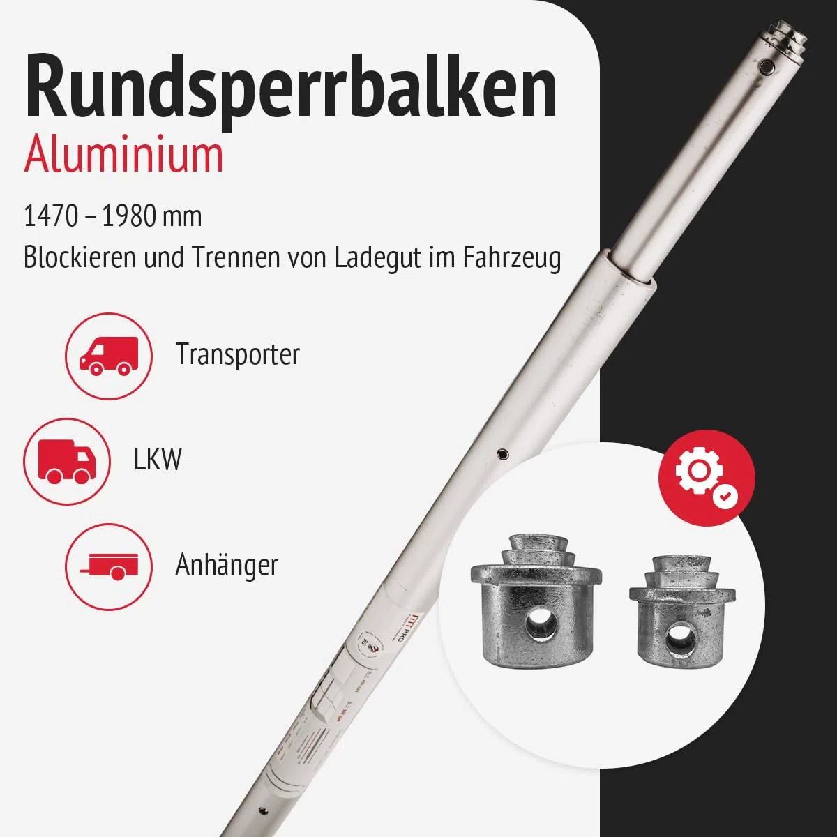 Rundsperrbalken Alu verstellbar Einsatzbereich: 1470 – 1980 mm | Sperrstange | eloxiertes Aluminium | mit Kombizapfen | für Airline- und Zurrschienen