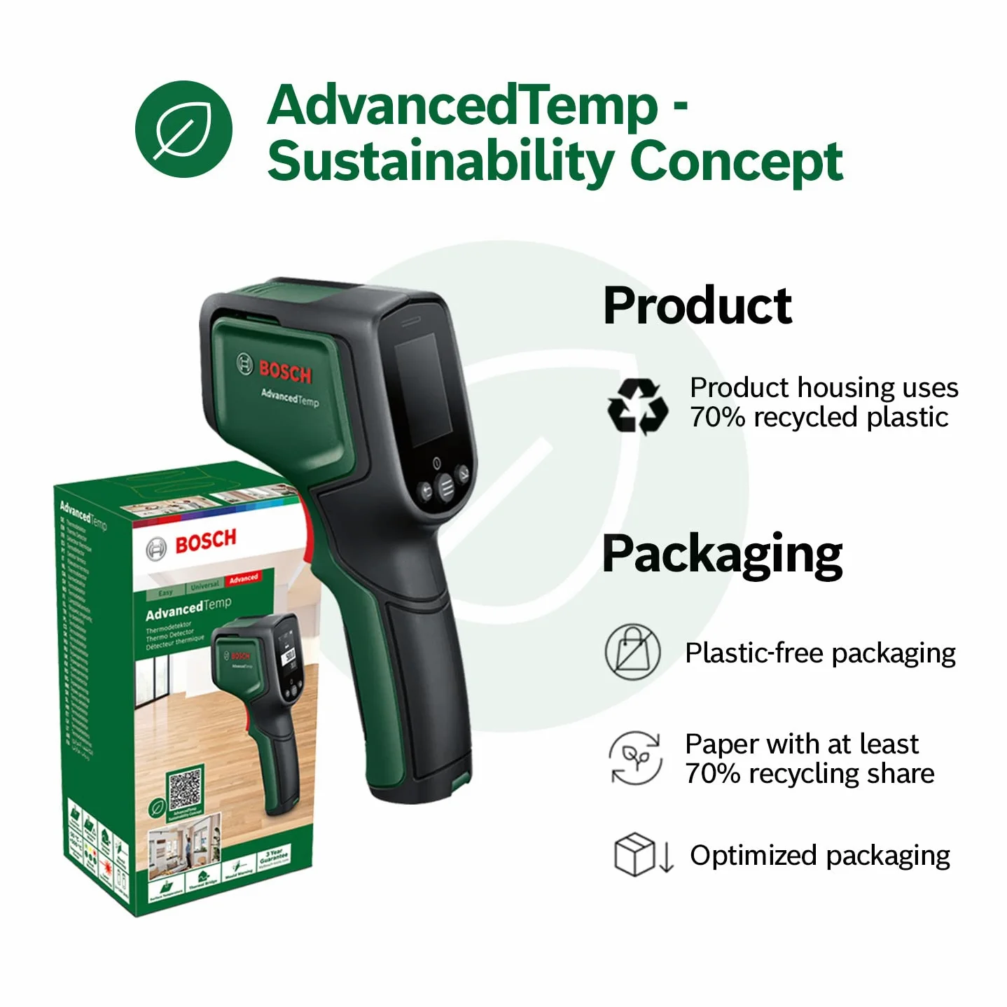 Bosch Infrarot Thermometer AdvancedTemp (-30°C bis +500°C, mit integrierter Schimmel- und Wärmebrücken-Erkennung, LED-Anzeige für einfache Interpretation, Gehäuse aus recyceltem Material, im Karton)