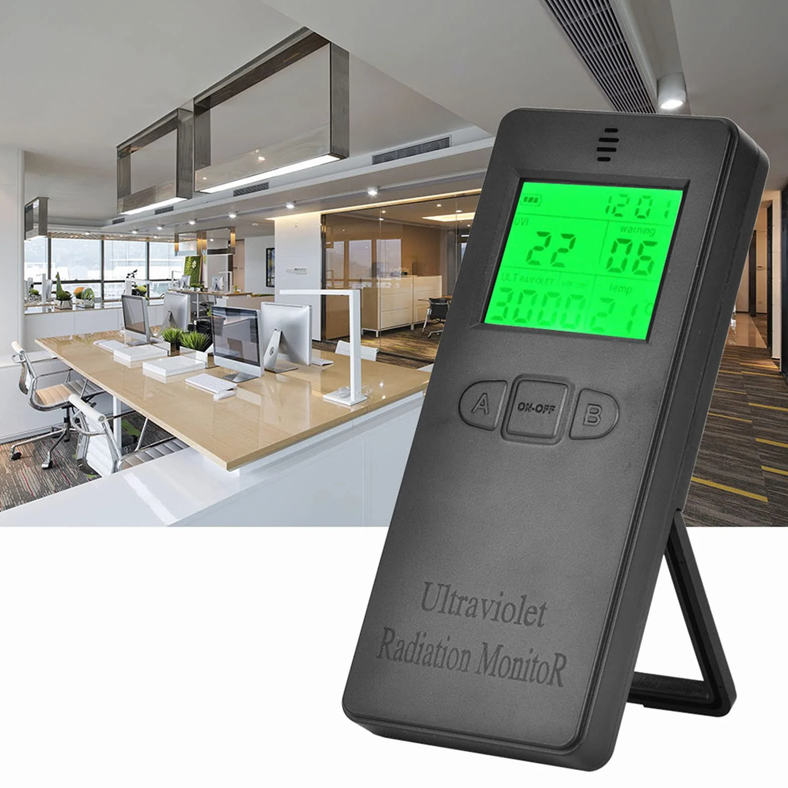 UV-Messgeräte, Digitales UV Messgerät für Tragbarer LCD UV Strahlungsdetektor, mit Temperaturanzeige, Messbereich 0–3000 W/cm², Mit LCD-Display, für UV Strahlen Heim Büro Innen und Außen