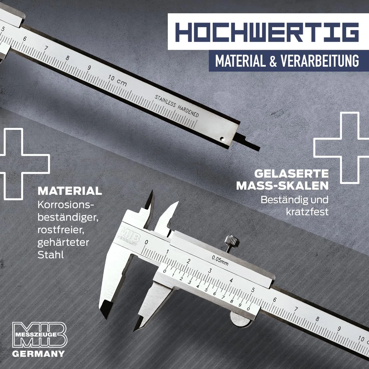 MIB Klein-Messschieber mit Feststellschraube DIN 862 70mm | Schieblehre rostfreier Stahl | Analog Messschieber | Schublehre mattverchromt | Präzisions-Messgerät für 4-fach Messung | Messwerkzeug
