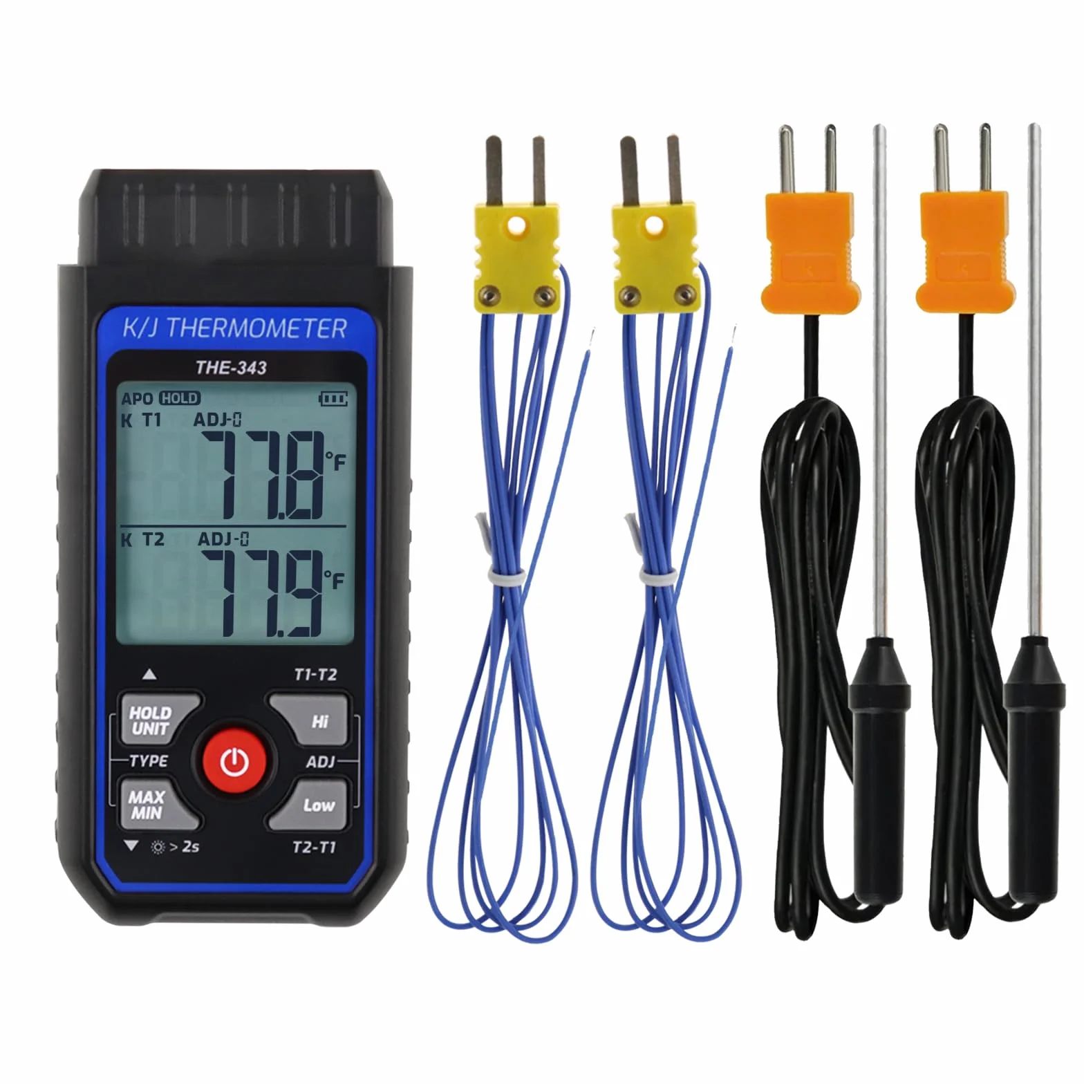 Thermoelement-Thermometer, digital, Typ K/J, mit 4 Thermoelementen vom Typ K, HVAC-Thermometer mit Alarm und Adj-Kompensation, Temperaturmessgerät, Messbereich -200 °C bis 1372 °C