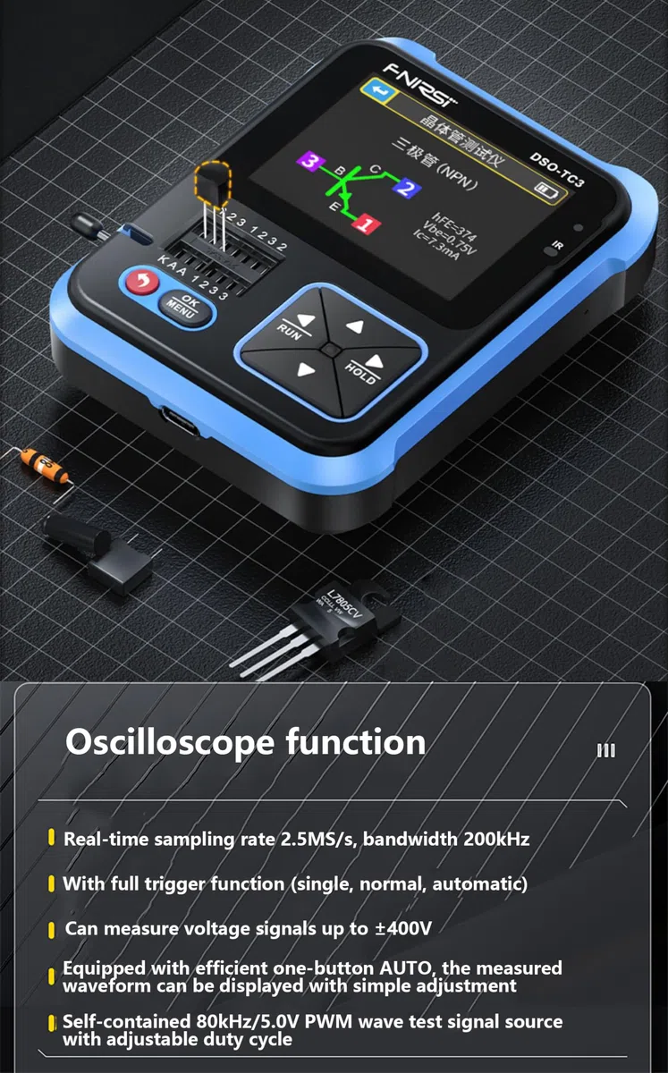 WANGCL TC3 - Tragbares 3-in-1-Oszilloskop, ESR-Tester, 2,4-Zoll-TFT-Display, 1500 mA, digitales Mini-Oszilloskop, 200 kHz Bandbreite und 2,5 MS/s Abtastrate