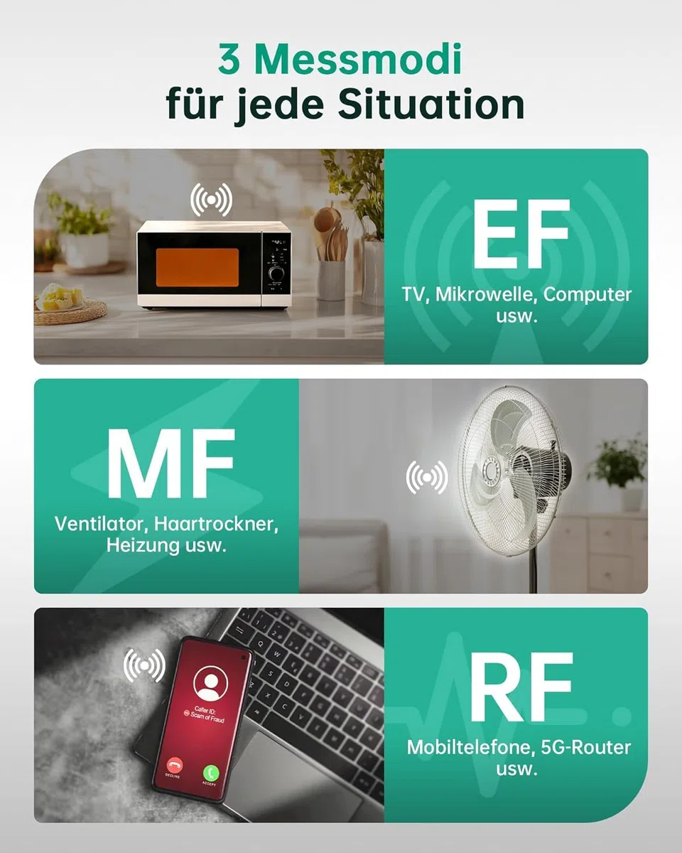 ERICKHILL EMF Messgerät RT-100S, EF/MF/RF-Prüfung, wiederaufladbarer magnetfeld, digitaler/Grafik-Dual-Interface-Strahlungsdetektor, digitaler LCD-Bildschirm, für Zuhause, Büro, Outdoor