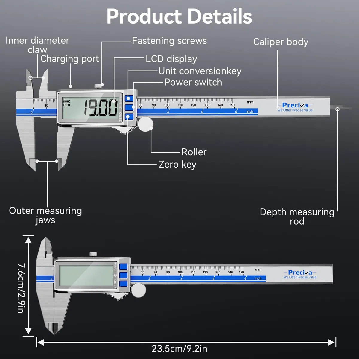 Preciva Digitaler Messschieber Aufladbar, 150 mm/0-6 Zoll Schieblehre Edelstahl, IP54 Schutz, LCD Display mit Automatischem Abschalten, Messwerkzeug für Haushalt, DIY und Industrie