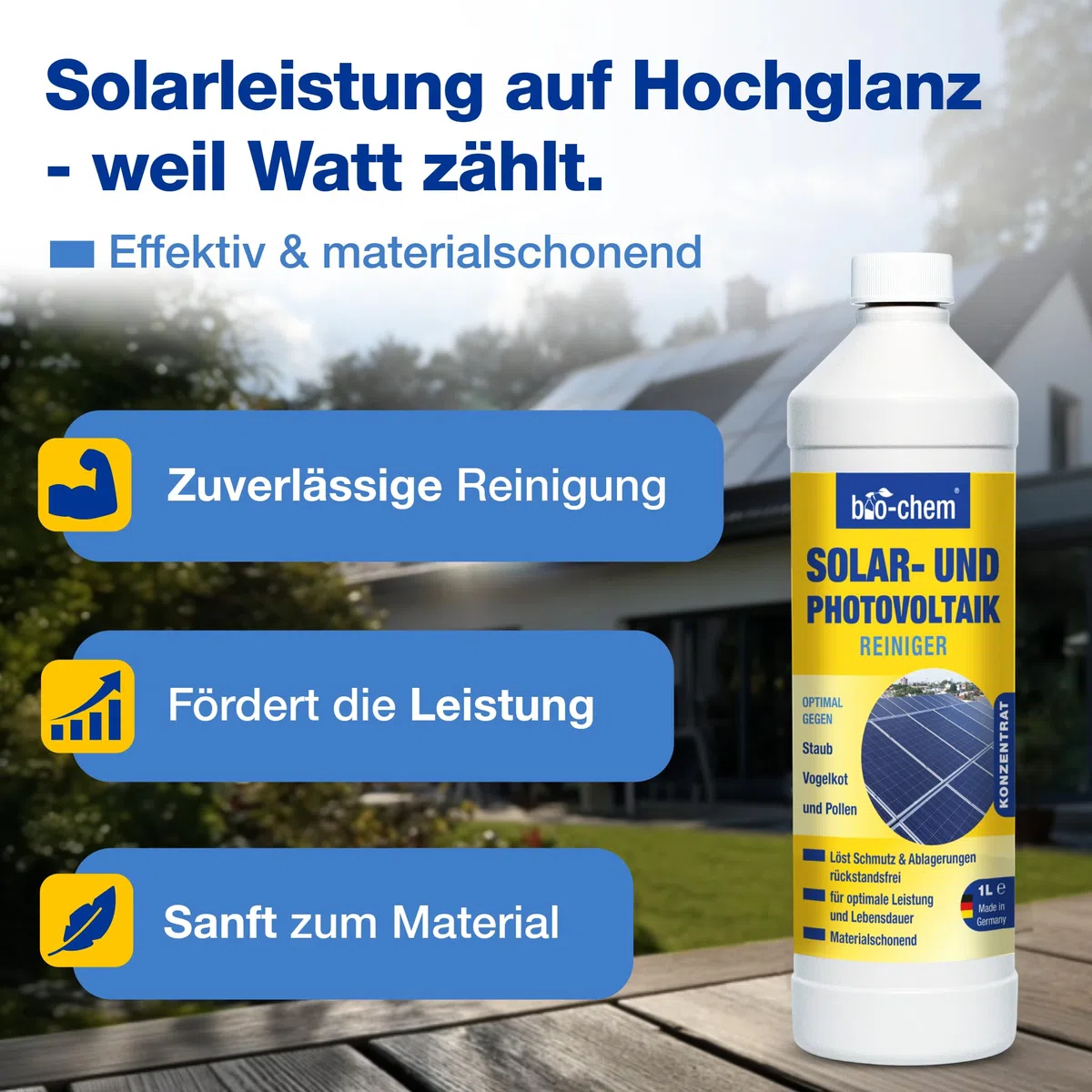 bio-chem Solarreiniger PV Photovoltaik Konzentrat 3x 1L | Bis 1:20 verdünnbar | für Solar- und Photovoltaikflächen, tiefenwirksam und materialschonend