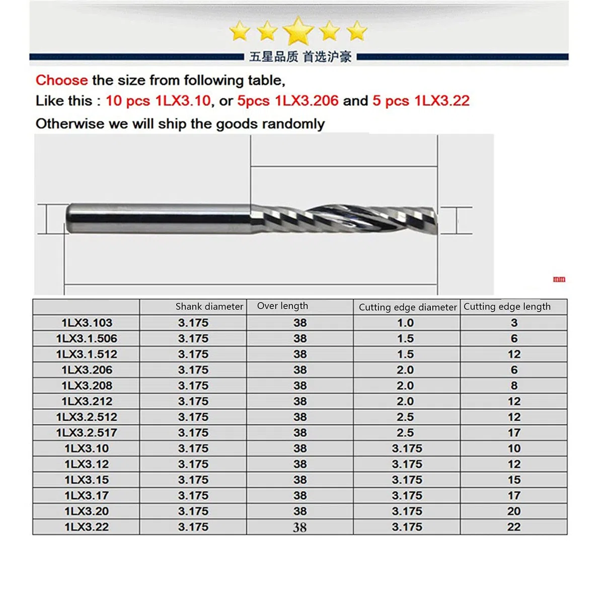 10 STÜCKE 3.175 Schaftkugel CNC-Router Bit EIN Rillen Spiralendmühlen Einzelne Flöte Frässchneider Schaftfräser JIYAMI'EN EL (Größe : 3.175 * 1 * 3)