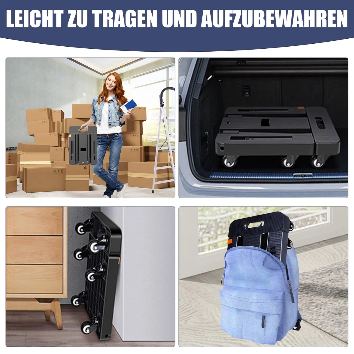 Sackkarre Klappbar, Transportwagen 200KG, Sackkarren Klappbare mit 6 Universal-Räder, Plattformwagen mit Verstellbarer Deichsel, 2 Flexibles Seil, für Gepäck, Einkaufen, Auto und Umzug, Schwarz