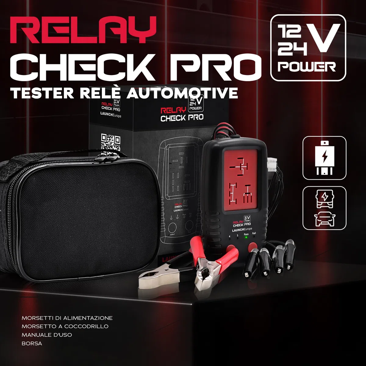 LAUNCH Europe RelayCheck Pro 12V/24V Relais Tester PKW LKW, Auto-Pin-Erkennung für 4/5-Pin, Belastete Kontaktprüfung, LED-Fehlercodes & Tasche, tragbares Diagnosegerät für KFZ & Industrie