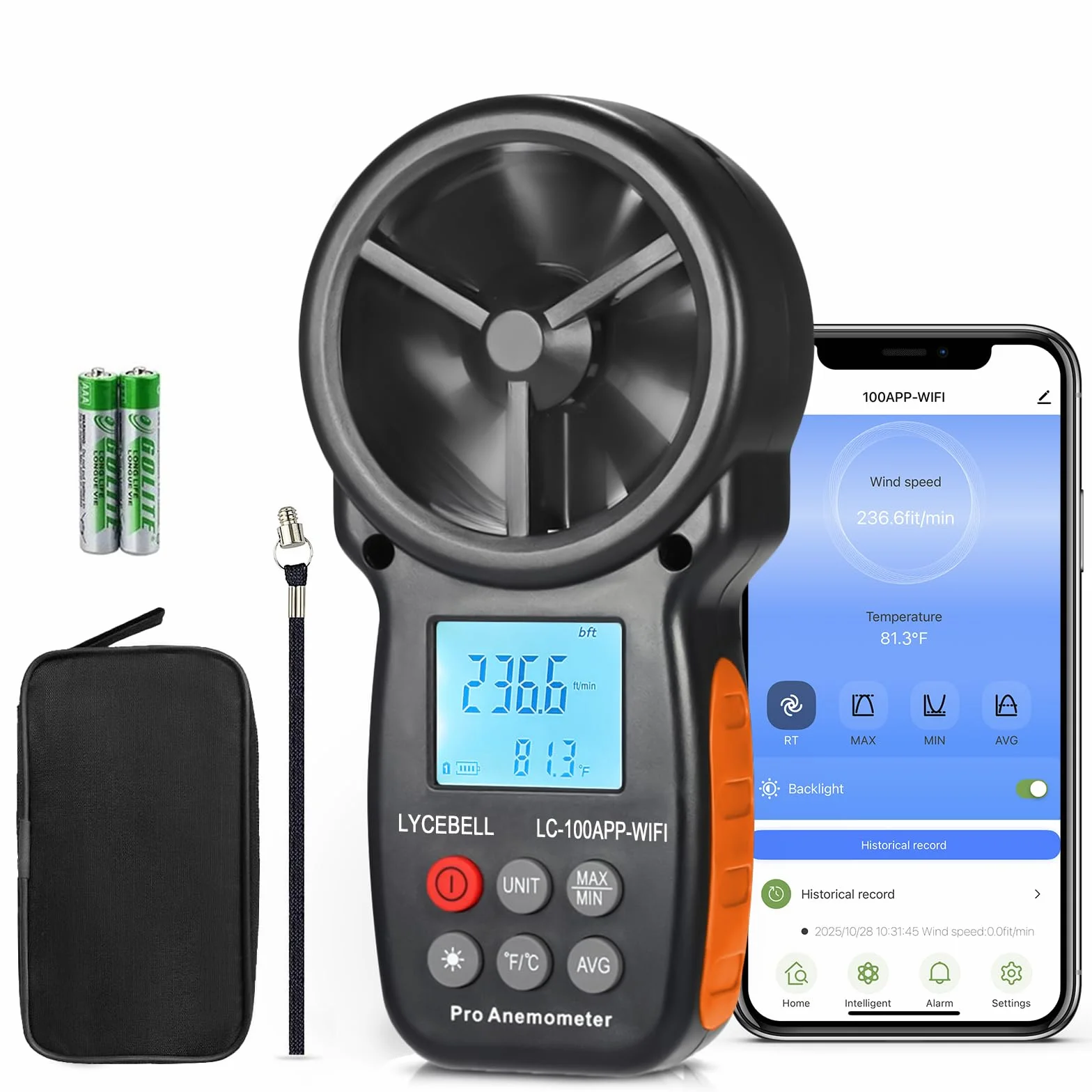 Smartes Anemometer Windmesser mit Aufzeichnung, ‌WLAN-APP-Verbindung & Steuerung, Windmessgerät zur Überwachung der Windgeschwindigkeit, Temperatur für HVAC, Drohne, Surfen, Angeln