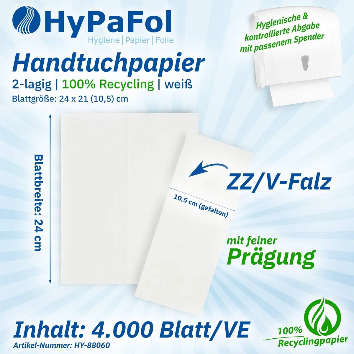 Hypafol Papierhandtücher 4000 Blatt | weiß | 2-lagig, 24x21 cm | praktischer V-Falz für Handtuchspender in Toiletten, Büros, Praxen & Studios