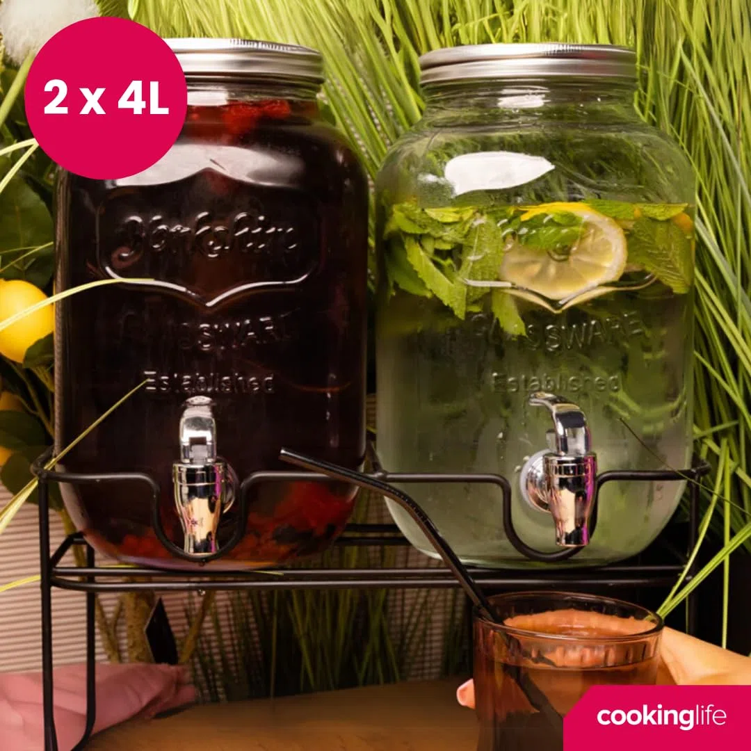 Cookinglife Getränkedispenser, Doppelt mit Ständer, 2 x 4 Liter, Glas und Stahl, Schwarz