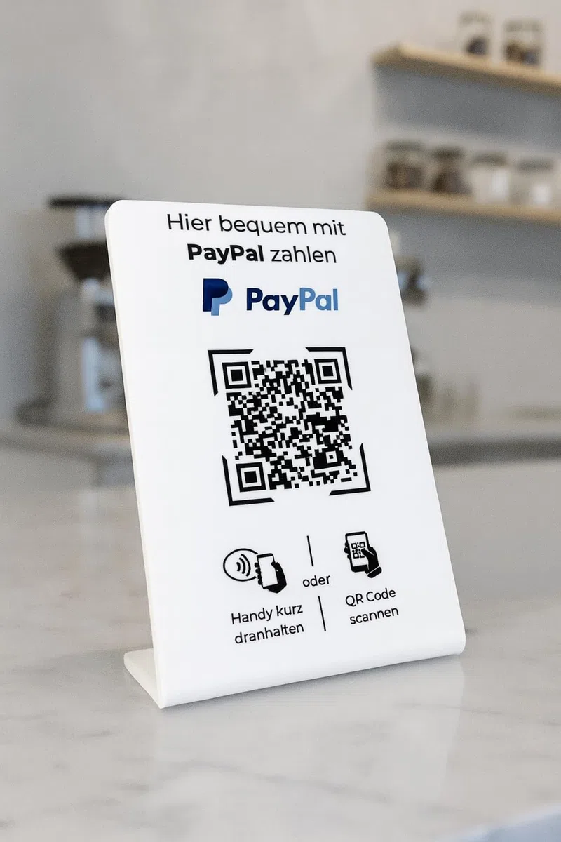 Aufsteller/Schild für PayPal-Zahlung mit QR-Code und NFC (16,5 x 10,5 cm) - weiß