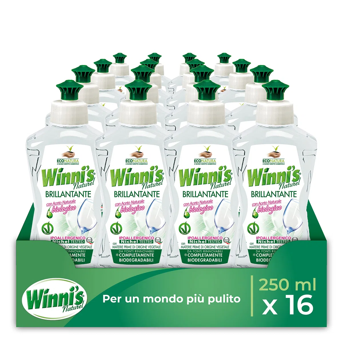 Winni's - Hypoallergener Geschirrspüler-Zusatzstoff mit natürlichem biologischem Essig, gegen Rückstände und Flecken, mit Rohstoffen pflanzlichen Ursprungs, 250 ml x 16