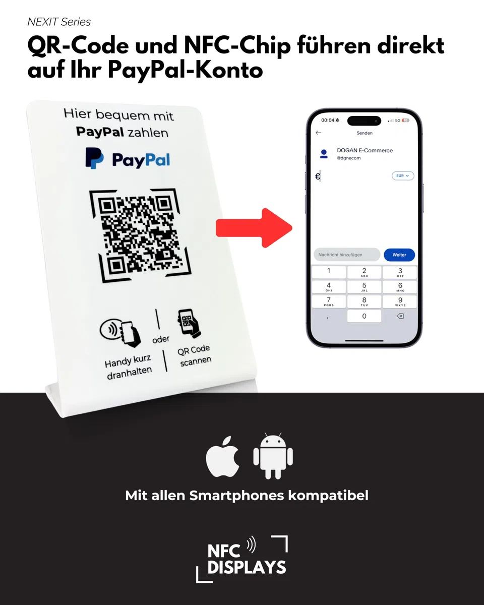 Aufsteller/Schild für PayPal-Zahlung mit QR-Code und NFC (16,5 x 10,5 cm) - weiß