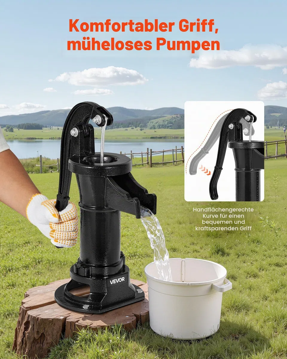 VEVOR Schwengelpumpe Antik Vintage, 7,6 m Förderhöhe, Nostalgiepumpe aus Gusseisen, Brunnenpumpe, Handpumpe, NPT 1-1/4 Zoll Anschluss, Gartenpumpe, für Garten, Teich, Hof, Bauernhof, Schwarz