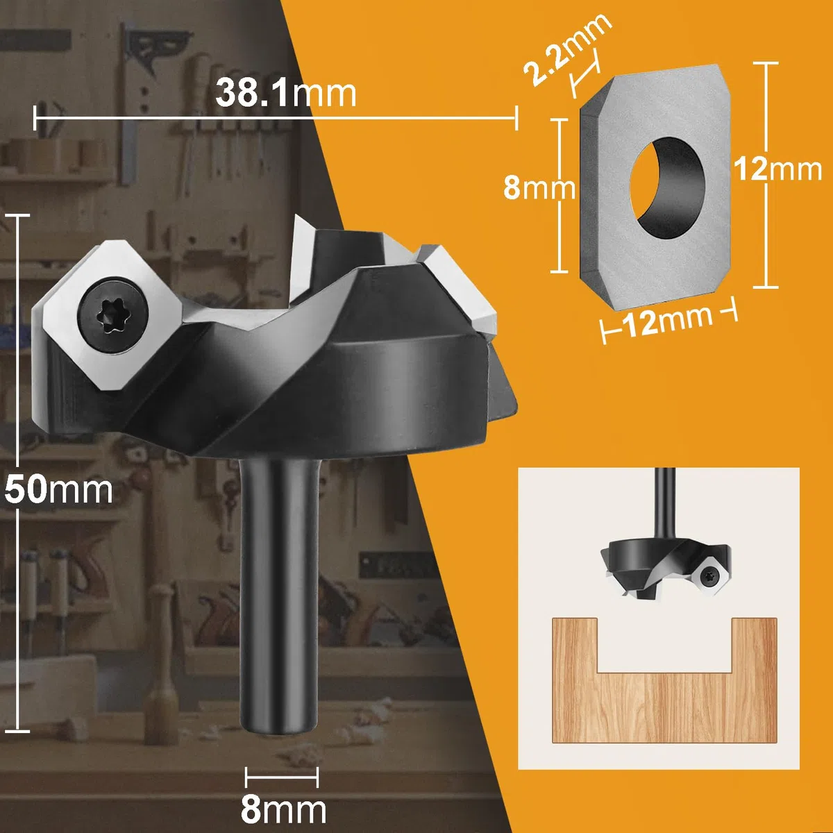 SpeTool Planfräser 8mm Schaft 38,1mm Durchmesser Präziser Flächenfräser mit VHM Wendeplatten 3 Flöten CNC Planfräser für Oberfräse 8mm Wendeplattenfräser holz Abflachfräser Oberflächenbit