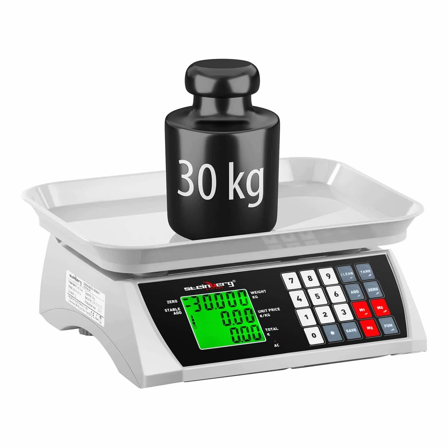 Steinberg Systems Kontrollwaage Digitalwaage Digitale Tischwaage (30 kg / 1 g, LCD-Display, 6 Funktionen, 28,8 x 21,8 cm)