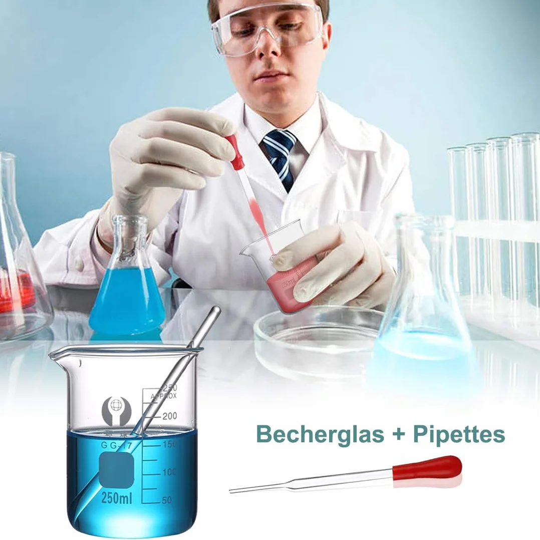 Bechergläser Erlenmeyerkolben Messzylinder Set, ZEEROQOLAB 4 Graduierten Becherglas, 3 Glasmesszylinder mit 3 Konisch Fläschchen, mit 3 Glas Pipetten, 2 Glas Rührstab und 2 Waschbürste