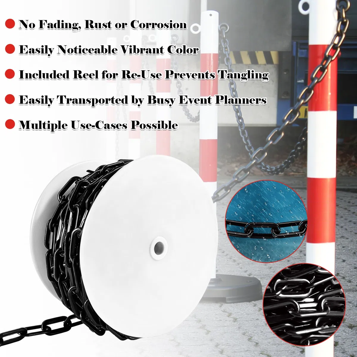 DAJAVE Absperrkette 25M, Kunststoffkette Absperrung 8 mm Absperrkette Warnkette Plastikkette Schwarz, Kunststoff aus Plastikkette Kette zum Absperren von Flächen, Parkplatzsperre Kette