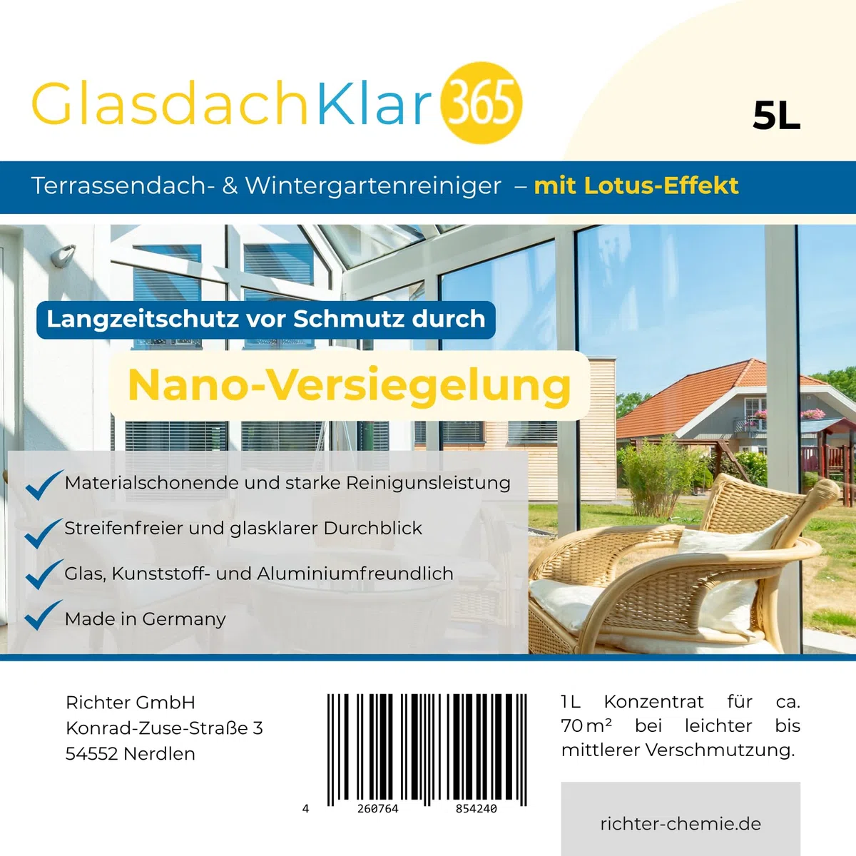 Glasdachklar365 Terrassendach- und Wintergarten Reiniger | Terassendach reinigen | Langanhaltender Schutz mit Nano-Versiegelung für Wintergärten 5 Liter