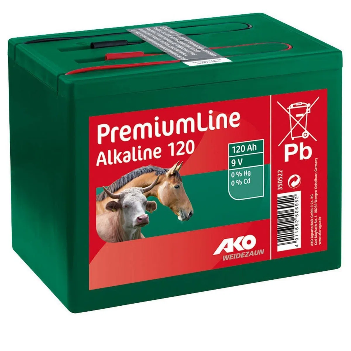 AKO Alkaline Trockenbatterie 9 Volt, 120 Ah, Weidezaunbatterie, 165 x 110 x 110 mm, kadmiumfrei, quecksilberfrei, 350522