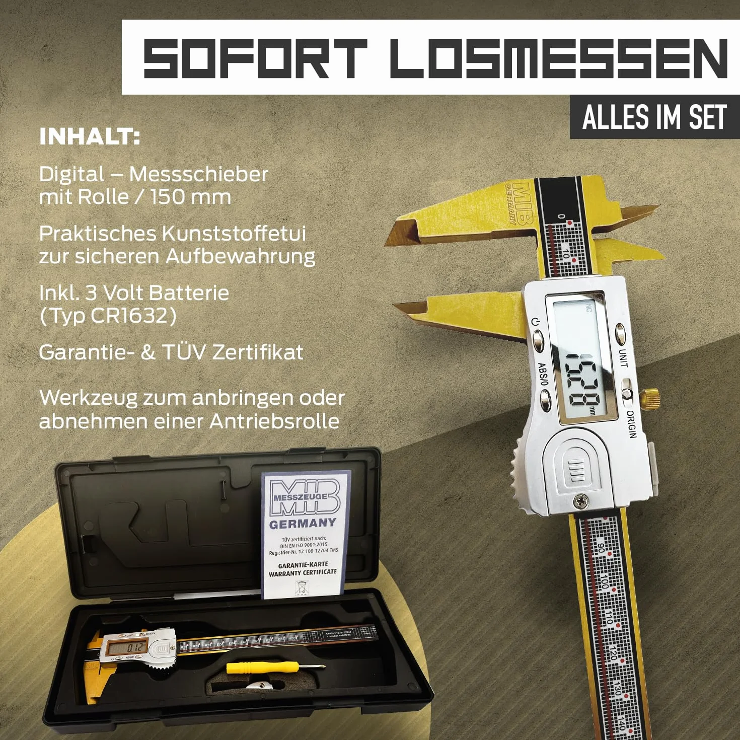 MIB Digitaler Messschieber mit Absolut-System & TiN-Beschichtung DIN 862 150mm | Präzisionsmessgerät | 4-fach Messung | Kalibrierung | Digitalwerkzeug Set mit 3V Batterie & Kunststoffbox