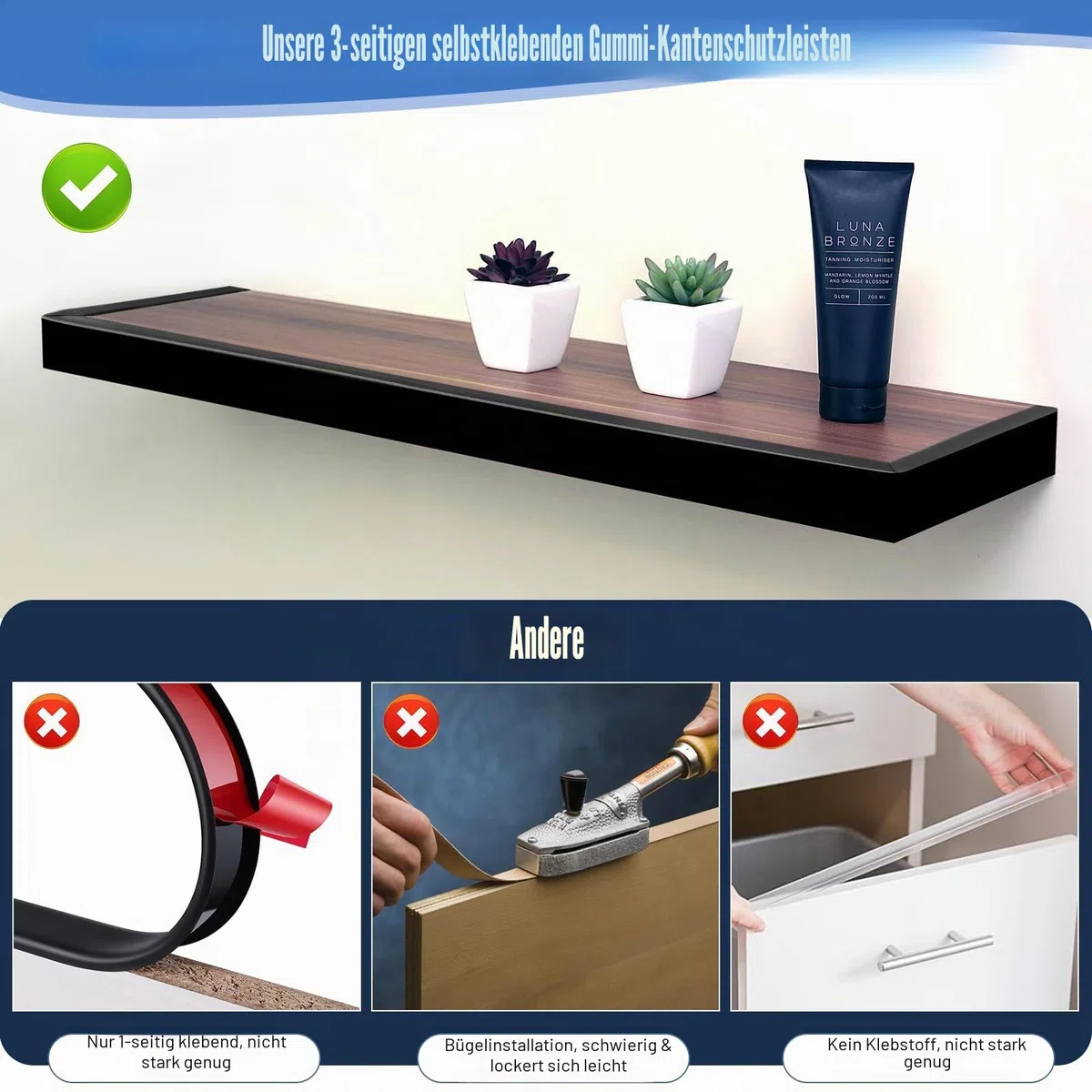 Gummikantenleiste, Selbstklebende U-förmige Kantenleiste für Schranktürkanten, Schubladenoberseiten, Schreibtische, Flexibler Möbelkantenschutz, Größe 19 mm, passend für 18–20 mm, Länge 6 m