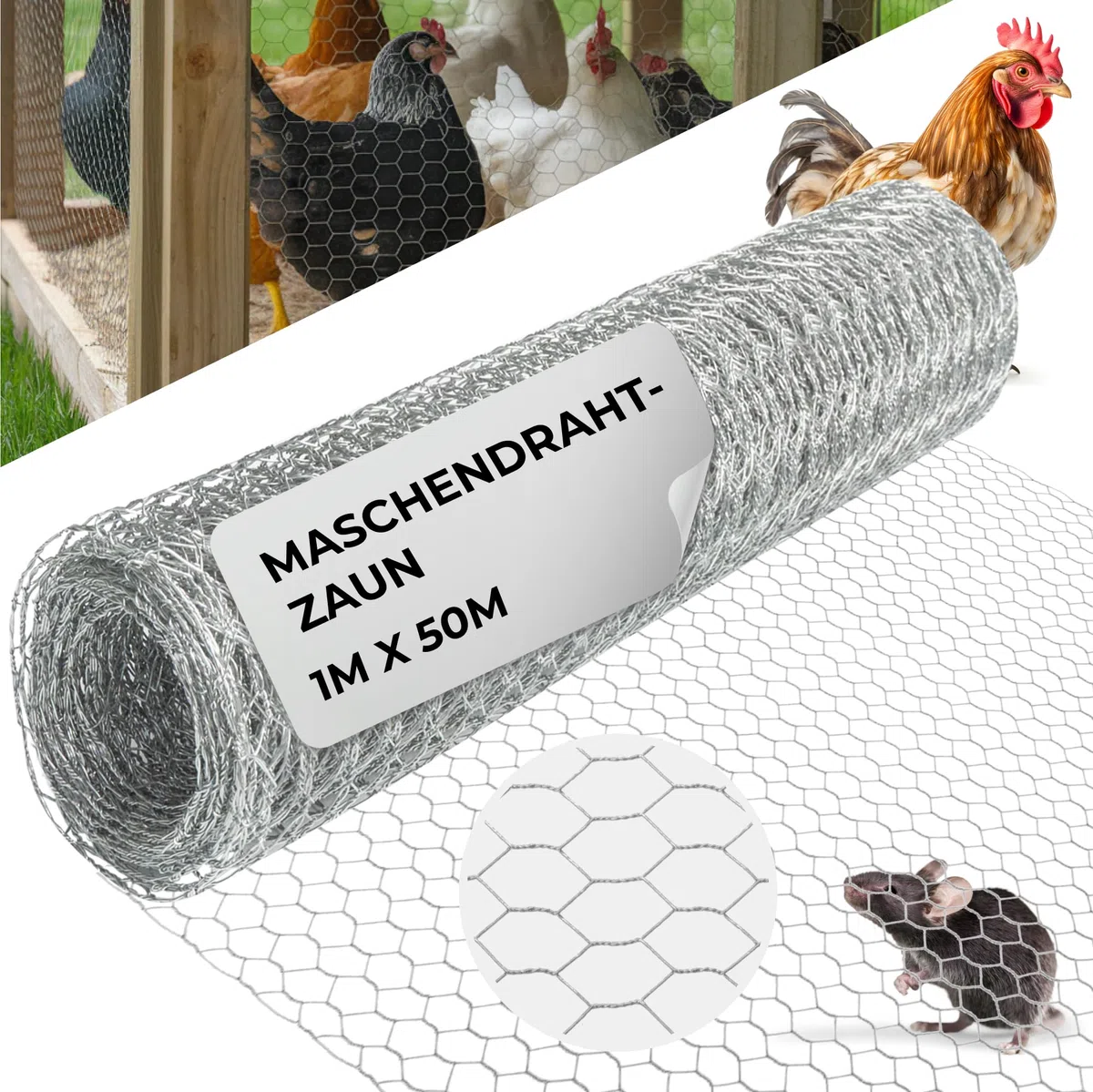 STREND PRO Maschendrahtzaun | Verzinkt | 1m x 50m | 0,7 mm, 13mm HEX | Kaninchendraht, Hasendraht, Volierendraht für Garten & Tierhaltung | Hasengitter, Hühnerzaun, Gartenzaun