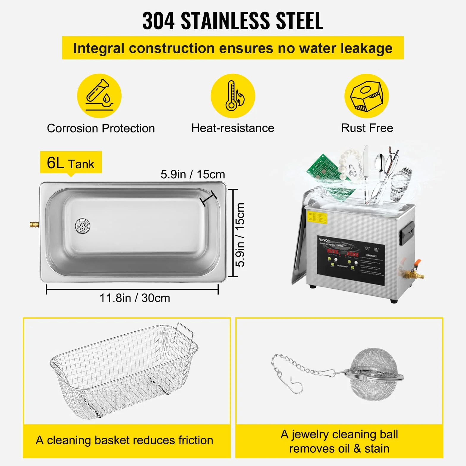 VEVOR 6L Verbesserter Ultraschallreiniger (200 W Heizung, 180 W Ultraschall) Professioneller digitaler Labor-Ultraschall-Teilereiniger mit Heizungstimer für die Reinigung von Schmuck, Brillen