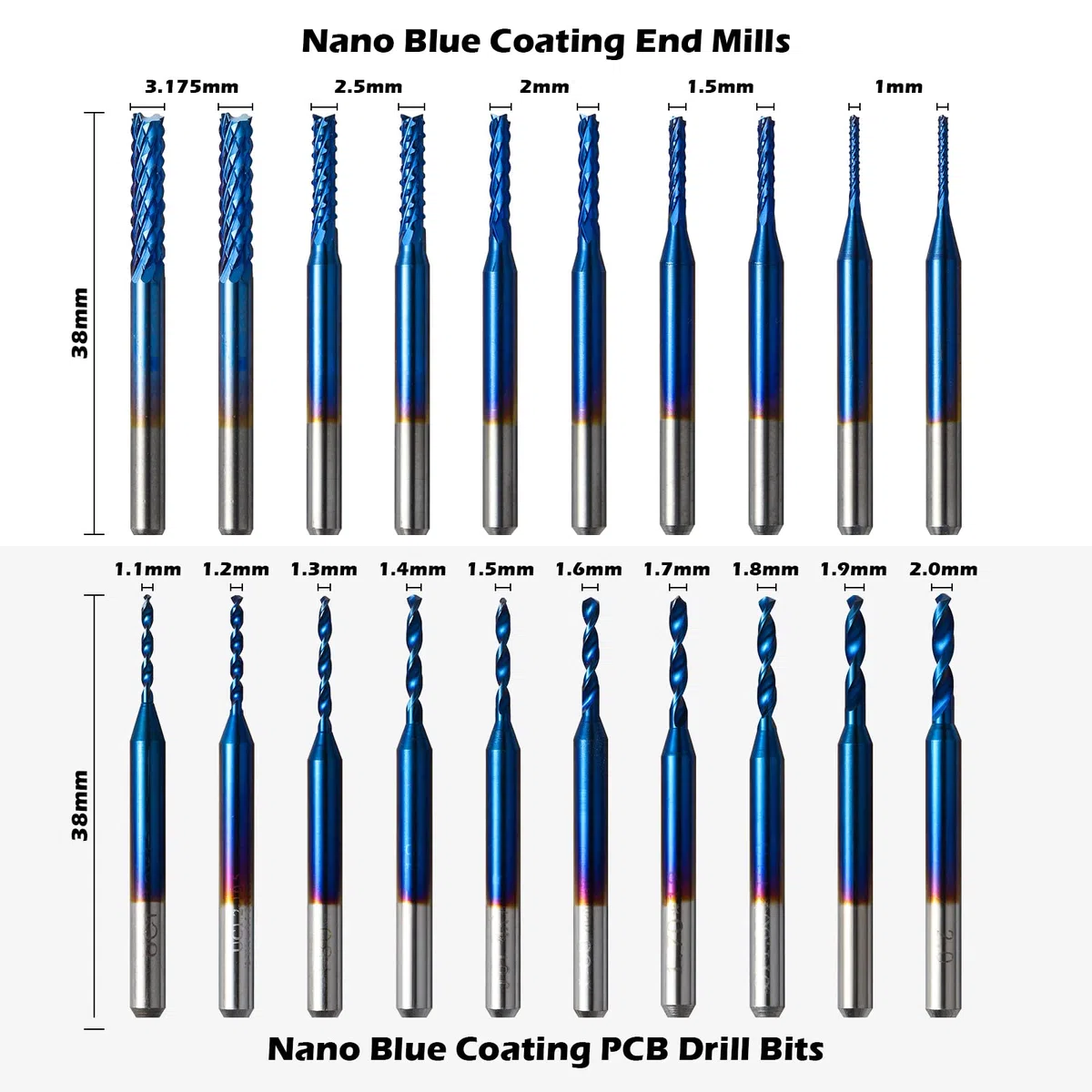 Genmitsu 50 Stück Hartmetall CNC Fräser-Satz, 1/8 Zoll Schaft 2-Flute Schaftfräser, Kugelfräser & Spiralfräser, PCB Drill Router Bits & V-Groove Gravierfräser, MC50A