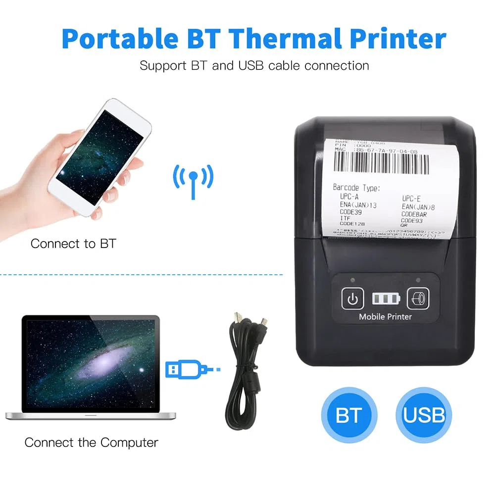 Bisofice Bondrucker 58mm Bluetooth Bondrucker, Kabelloser Thermodrucker Belegdrucker, Unterstützt Bluetooth+USB, kompatibel mit iOS Android Windows, für Restaurants, Einzelhandel