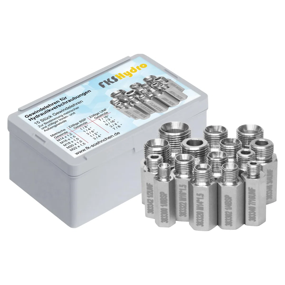 Gewindelehre für Hydraulikverschraubungen, 15-teiliges Set