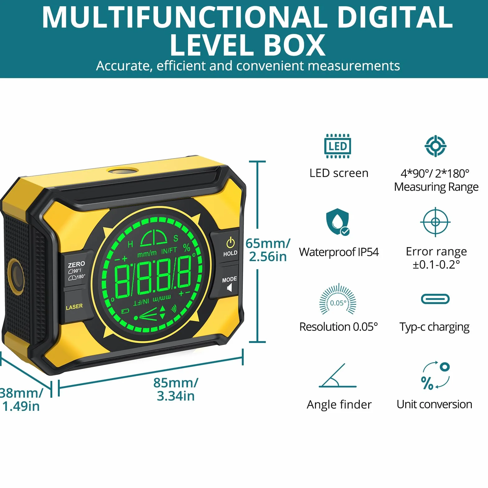 3-in-1 Digitaler Winkelsucher mit Laserwasserwaage, Magnetisch und Wandhalterung, 0-90° & 0-180° Messbereich, Neigungsmesser für Holzarbeiten, Bau, Dekoration