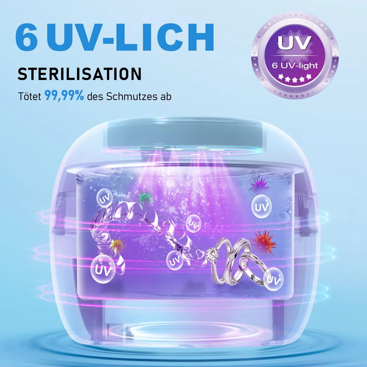 Ultraschallreinigungsgerät, 50kHz Dental Pod, 250ML Ultraschallreiniger, Ultrasonic Cleaner mit 6 UV Lampe für Zahnspangen, Zahnschiene, Retainer, Zahnersatz, Prothesen, Aligner, Schmuck