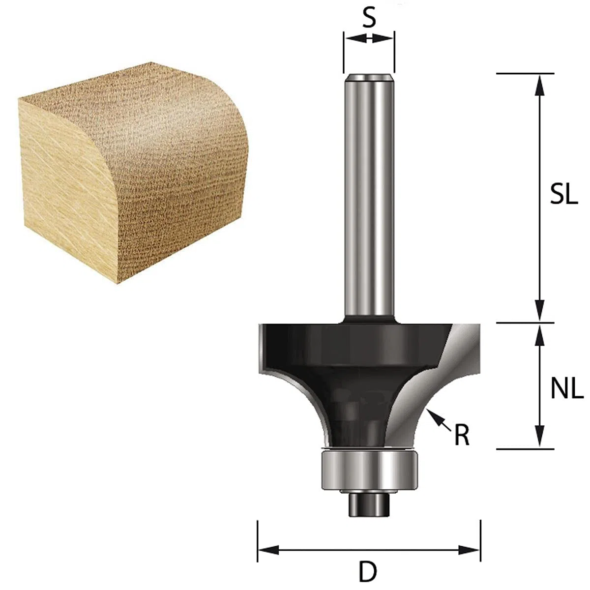 ENT 14293 Abrundfräser HW, Schaft (S) 8 mm, Durchmesser (D) 30,7 mm, NL 14 mm, R 9 mm, SL 32 mm, mit Kugellager