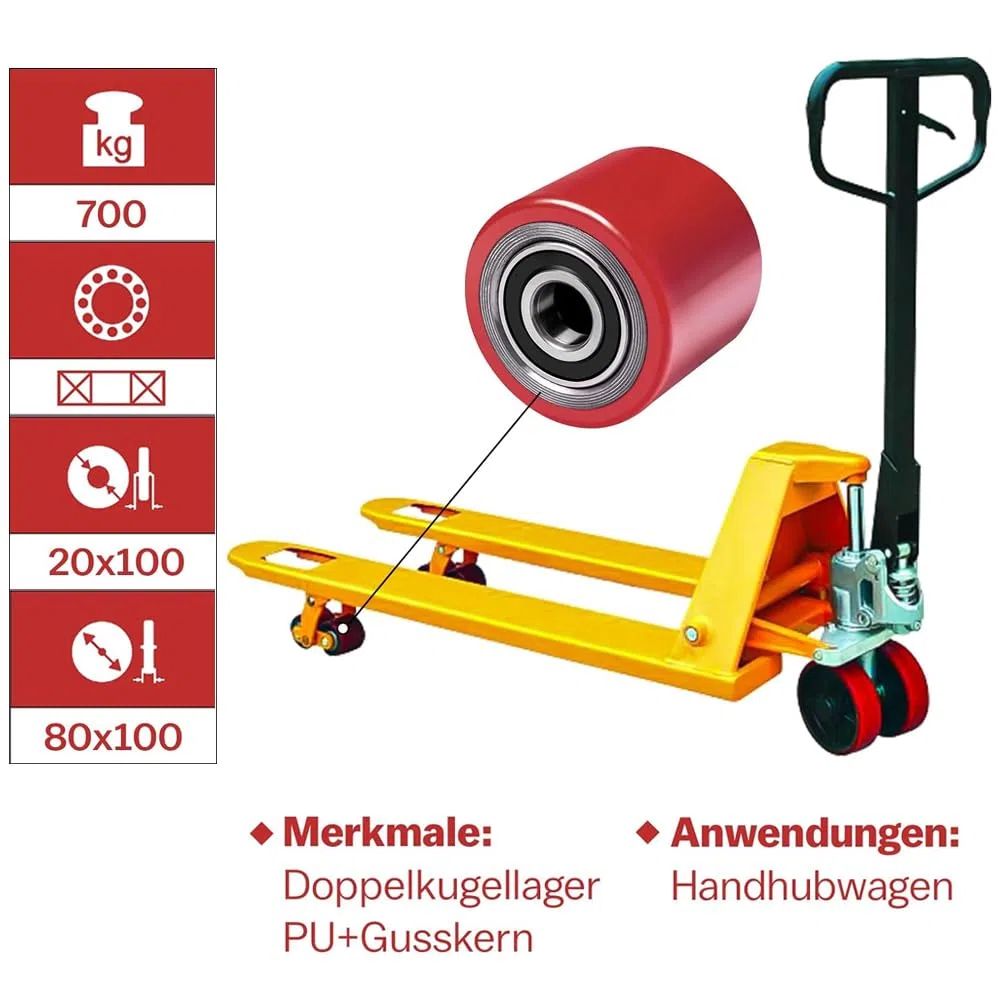 2 Stück Laufrolle Polyurethan 80 x 100 mm, Achse 20 mm inkl. Hubwagen Gabelhubwagenrolle Hubwagenrolle für Hubwagen Ersatzrollen, Max. Belastung 1400 KG
