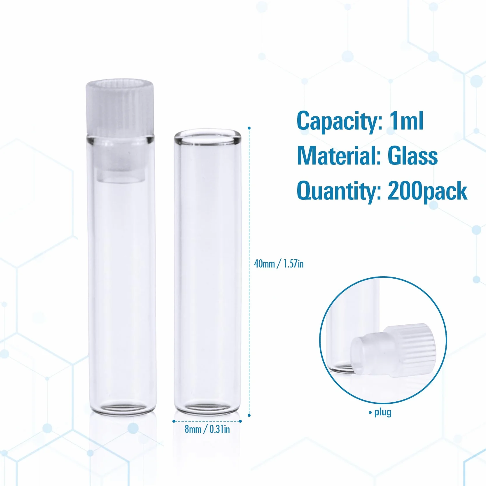 ALWSCI 1mL leere Glasprobe Fläschchen 8x40mm flache Basis Klarglas Shell Vial mit Stecker. 200Stück/Pk.
