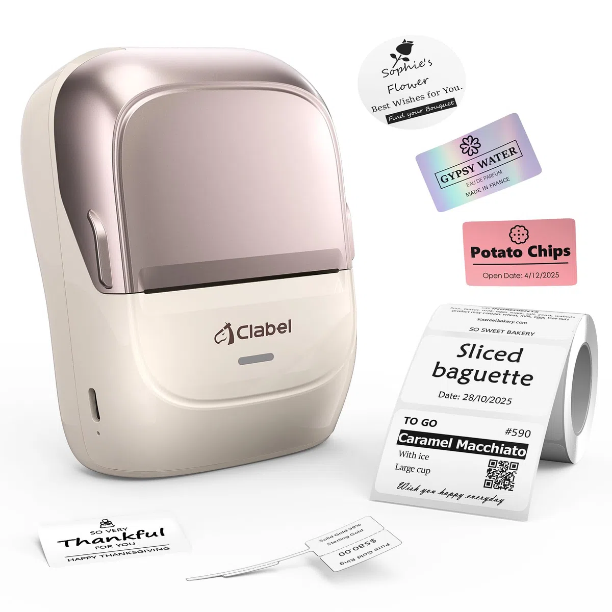 CLABEL 221B Etikettendrucker Selbstklebend Bluetooth, Thermo Label Drucker Tragbar Aufladbar Etikettiergerät Kompatibel mit iOS Android PC für Handmade Produkte Basteln Schmuck Logo Büro Kerzen Preis