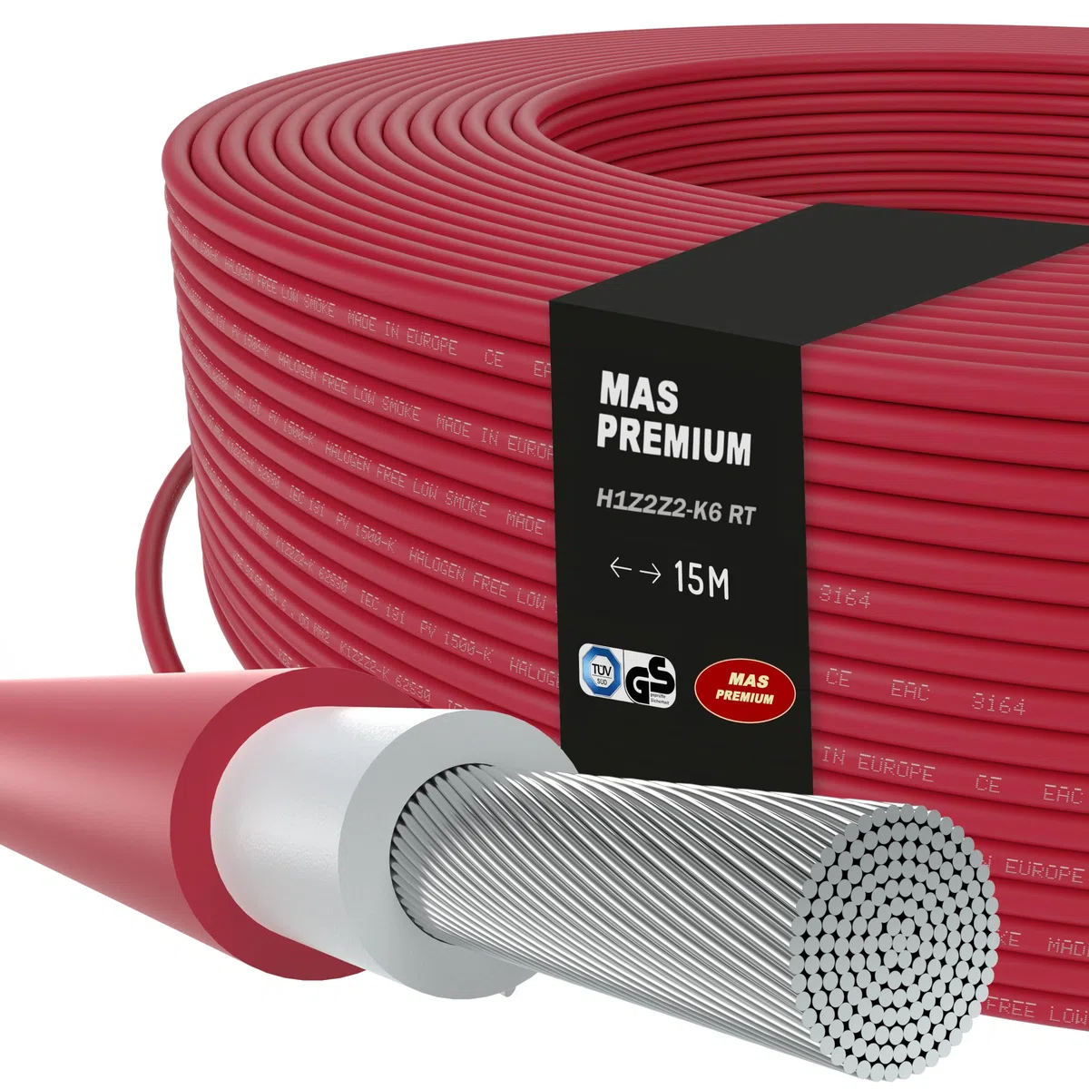 MAS Premium Solarkabel H1Z2Z2-K 4 6 10 mm² Solarleitung TÜV-2 Halogenfrei doppelt isoliert Frei bewegliche oder feste Verlegung in Photovoltaikanlagen 5-200m (H1Z2Z2-K 6, Rot, 15m)