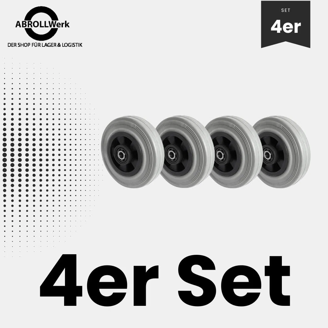 4er Set Rad 125 mm Gummi grau spurlos – Ersatzrad mit Rollenlager & Achszubehör M10 – 100 kg Traglast pro Rad – Bodenschonende Transportrollen für Rollwagen & Möbel