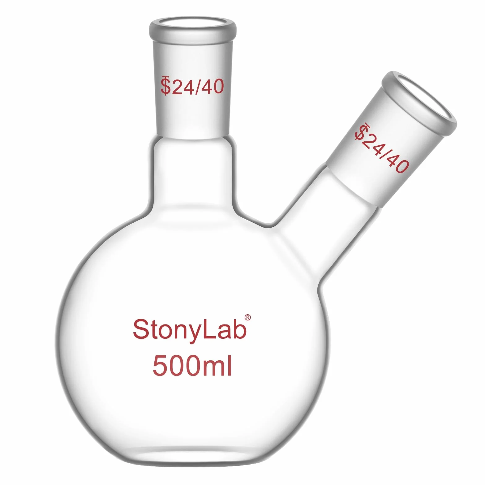 stonylab Flachbodenkolben FBF, Schwerwandiger 2-Hals-Laborkolben Borosilikatglas Flachboden Siedekolben mit 24/40 Standard-Gelenk, 500 ml
