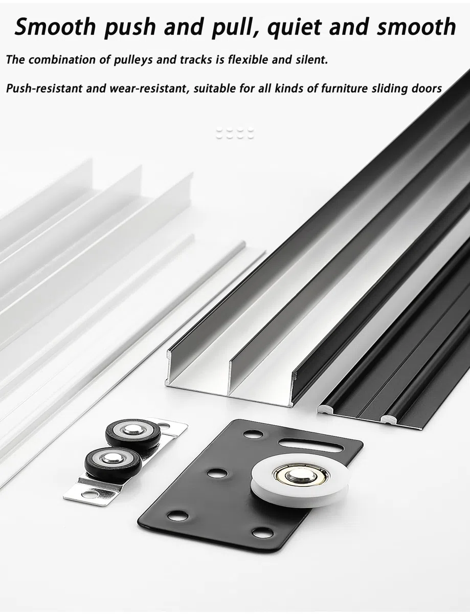 Hardware-Kit for Schiebetürschienen for Kleiderschränke, 2-Schienen-Aluminiumschienen mit Riemenscheibenprogramm, Reparatur der Glasschiebetürschiene, Führung for Terrassenglas-Fliegengitter(Black,150